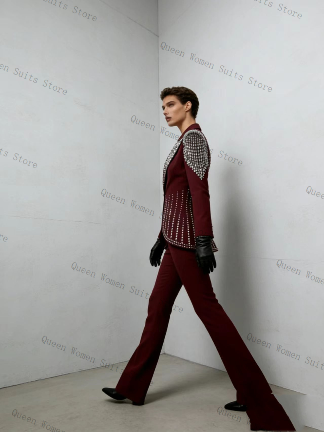 Women Formal Wear Coat - Burgundy Women Suit Set 2 Pcs